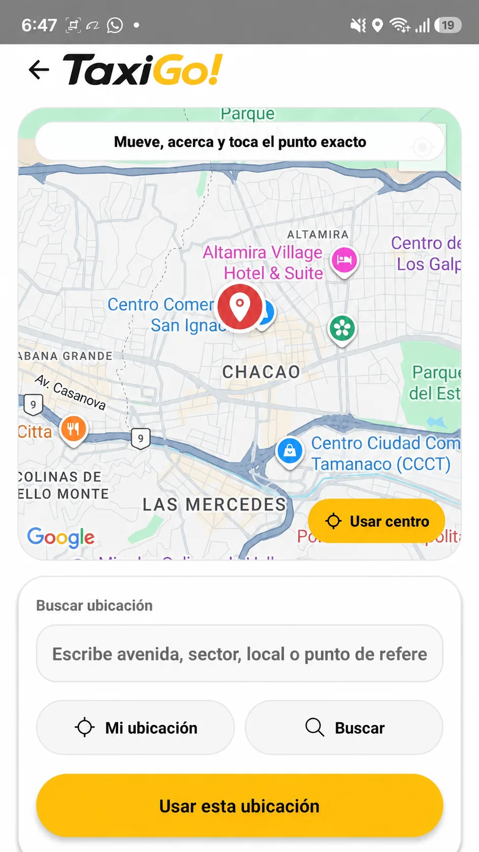 Elegir ubicación en TaxiGo